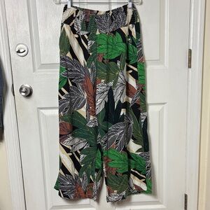TAHARI wide leg pants Jungle Palm Print Viscose Linen size Large Tropical Resort